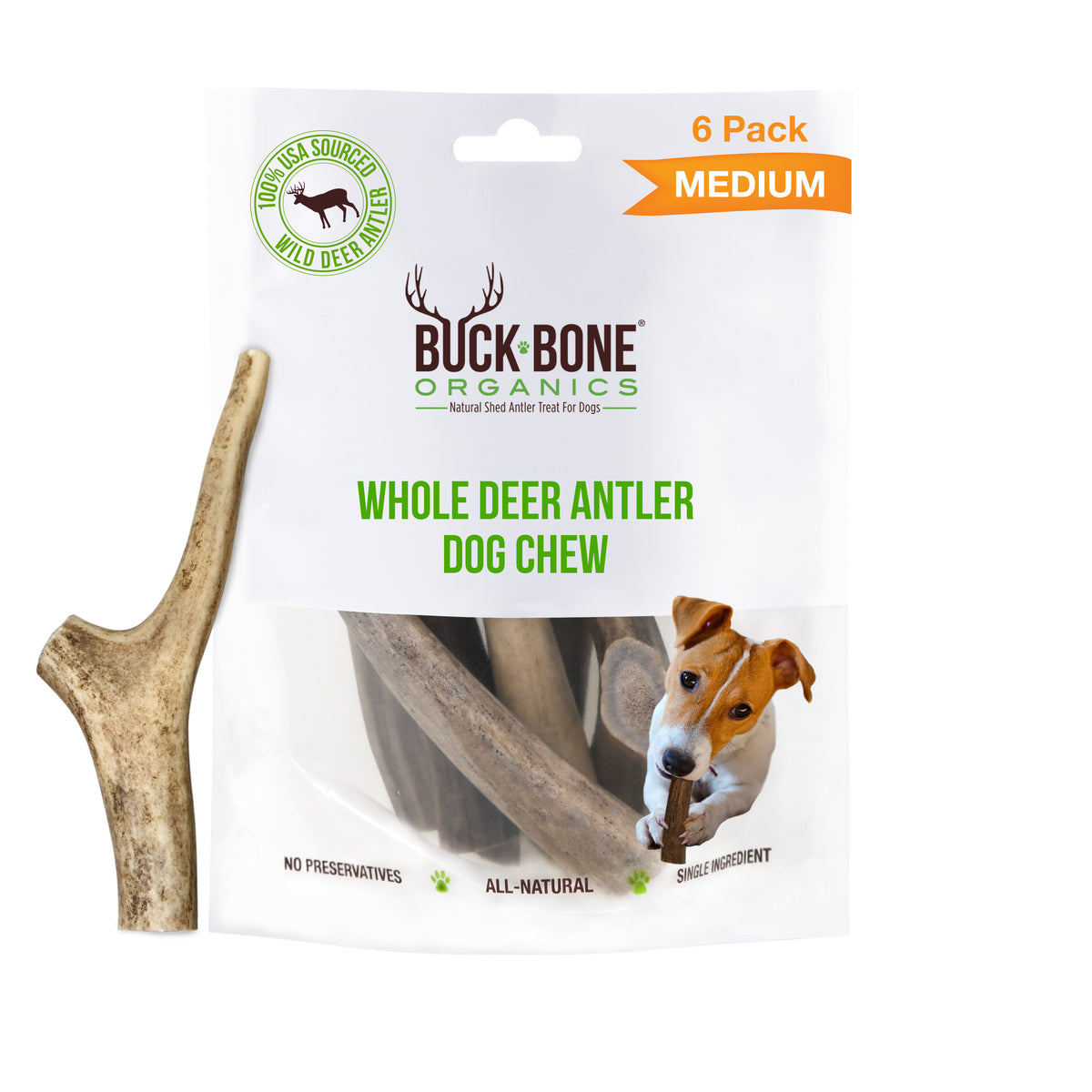 Deer Antler Medium Dog Chews 6 Pack Buck Bone Organics